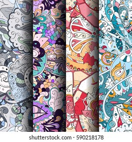 Set of tracery colorful seamless patterns. Curved doodling backgrounds for textile or printing with mehndi and ethnic motives. Vector.