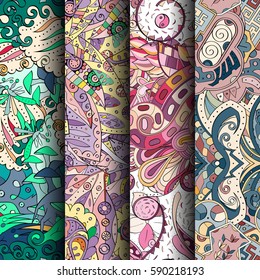 Set of tracery colorful seamless patterns. Curved doodling backgrounds for textile or printing with mehndi and ethnic motives. Vector.