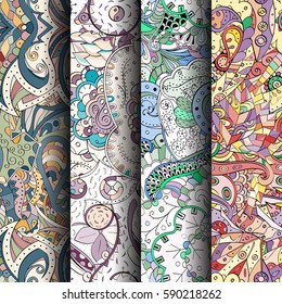 Set of tracery colorful seamless patterns. Curved doodling backgrounds for textile or printing with mehndi and ethnic motives. Vector.