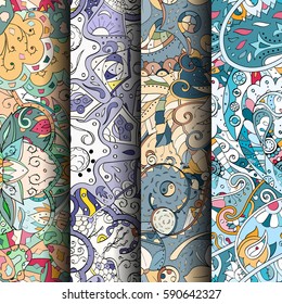 Set of tracery colorful seamless patterns. Curved doodling backgrounds for textile or printing with mehndi and ethnic motives. Vector.