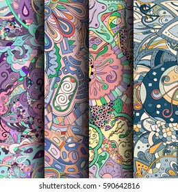 Set of tracery colorful seamless patterns. Curved doodling backgrounds for textile or printing with mehndi and ethnic motives. Vector.