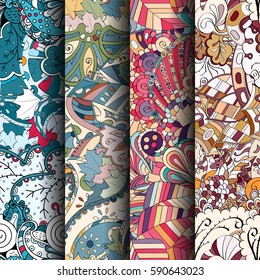Set of tracery colorful seamless patterns. Curved doodling backgrounds for textile or printing with mehndi and ethnic motives. Vector.