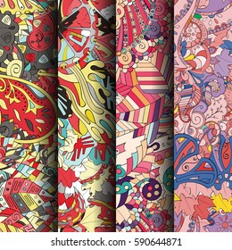 Set of tracery colorful seamless patterns. Curved doodling backgrounds for textile or printing with mehndi and ethnic motives. Vector.