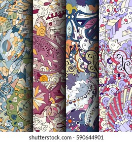 Set of tracery colorful seamless patterns. Curved doodling backgrounds for textile or printing with mehndi and ethnic motives. Vector.