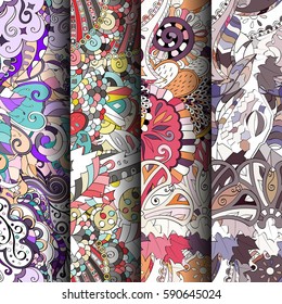 Set of tracery colorful seamless patterns. Curved doodling backgrounds for textile or printing with mehndi and ethnic motives. Vector.