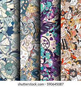 Set of tracery colorful seamless patterns. Curved doodling backgrounds for textile or printing with mehndi and ethnic motives. Vector.