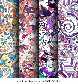 Set of tracery colorful seamless patterns. Curved doodling backgrounds for textile or printing with mehndi and ethnic motives. Vector.
