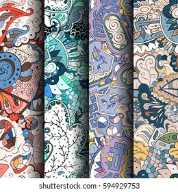 Set of tracery colorful seamless patterns. Curved doodling backgrounds for textile or printing with mehndi and ethnic motives. Vector.