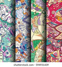 Set of tracery colorful seamless patterns. Curved doodling backgrounds for textile or printing with mehndi and ethnic motives. Vector.