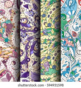 Set of tracery colorful seamless patterns. Curved doodling backgrounds for textile or printing with mehndi and ethnic motives. Vector.