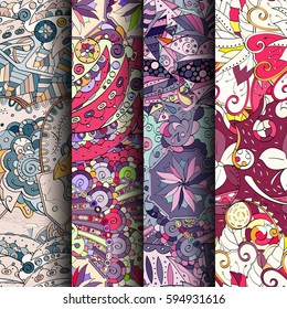 Set of tracery colorful seamless patterns. Curved doodling backgrounds for textile or printing with mehndi and ethnic motives. Vector.