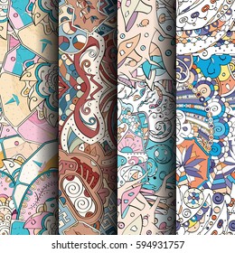 Set of tracery colorful seamless patterns. Curved doodling backgrounds for textile or printing with mehndi and ethnic motives. Vector.