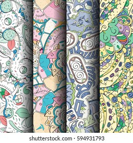 Set of tracery colorful seamless patterns. Curved doodling backgrounds for textile or printing with mehndi and ethnic motives. Vector.