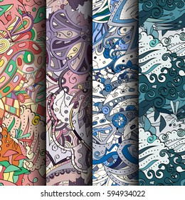 Set of tracery colorful seamless patterns. Curved doodling backgrounds for textile or printing with mehndi and ethnic motives. Vector.