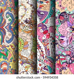 Set of tracery colorful seamless patterns. Curved doodling backgrounds for textile or printing with mehndi and ethnic motives. Vector.