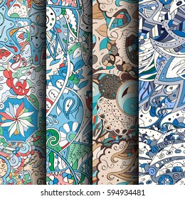 Set of tracery colorful seamless patterns. Curved doodling backgrounds for textile or printing with mehndi and ethnic motives. Vector.