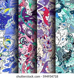 Set of tracery colorful seamless patterns. Curved doodling backgrounds for textile or printing with mehndi and ethnic motives. Vector.