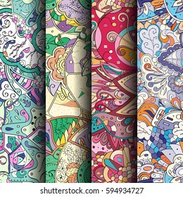 Set of tracery colorful seamless patterns. Curved doodling backgrounds for textile or printing with mehndi and ethnic motives. Vector.