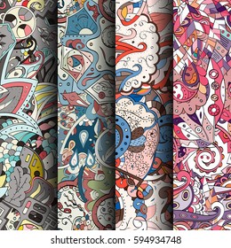 Set of tracery colorful seamless patterns. Curved doodling backgrounds for textile or printing with mehndi and ethnic motives. Vector.