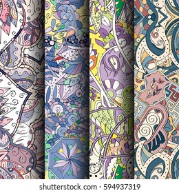 Set of tracery colorful seamless patterns. Curved doodling backgrounds for textile or printing with mehndi and ethnic motives. Vector.