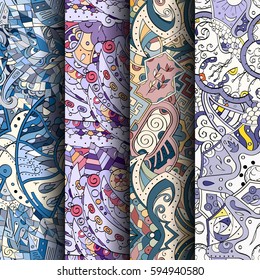 Set of tracery colorful seamless patterns. Curved doodling backgrounds for textile or printing with mehndi and ethnic motives. Vector.