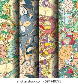 Set of tracery colorful seamless patterns. Curved doodling backgrounds for textile or printing with mehndi and ethnic motives. Vector.