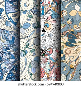 Set of tracery colorful seamless patterns. Curved doodling backgrounds for textile or printing with mehndi and ethnic motives. Vector.