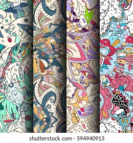 Set of tracery colorful seamless patterns. Curved doodling backgrounds for textile or printing with mehndi and ethnic motives. Vector.
