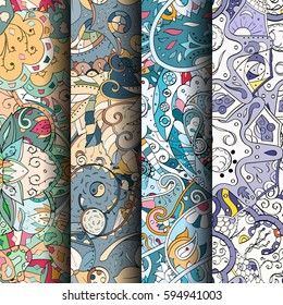 Set of tracery colorful seamless patterns. Curved doodling backgrounds for textile or printing with mehndi and ethnic motives. Vector.