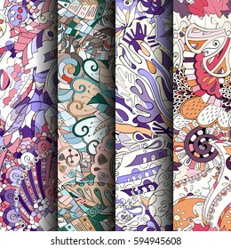 Set of tracery colorful seamless patterns. Curved doodling backgrounds for textile or printing with mehndi and ethnic motives. Vector.