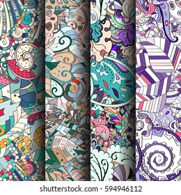 Set of tracery colorful seamless patterns. Curved doodling backgrounds for textile or printing with mehndi and ethnic motives. Vector.