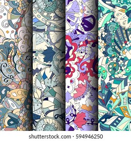 Set of tracery colorful seamless patterns. Curved doodling backgrounds for textile or printing with mehndi and ethnic motives. Vector.