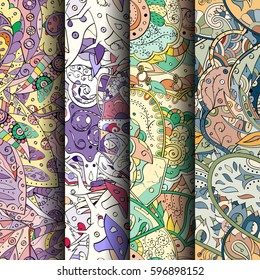 Set of tracery colorful seamless patterns. Curved doodling backgrounds for textile or printing with mehndi and ethnic motives. Vector.