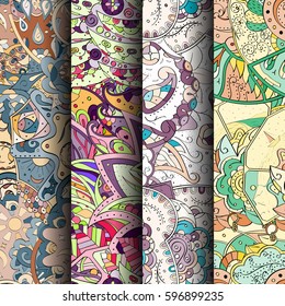 Set of tracery colorful seamless patterns. Curved doodling backgrounds for textile or printing with mehndi and ethnic motives. Vector.