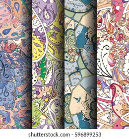 Set of tracery colorful seamless patterns. Curved doodling backgrounds for textile or printing with mehndi and ethnic motives. Vector.