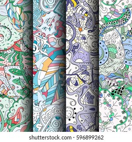 Set of tracery colorful seamless patterns. Curved doodling backgrounds for textile or printing with mehndi and ethnic motives. Vector.