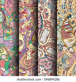 Set of tracery colorful seamless patterns. Curved doodling backgrounds for textile or printing with mehndi and ethnic motives. Vector.