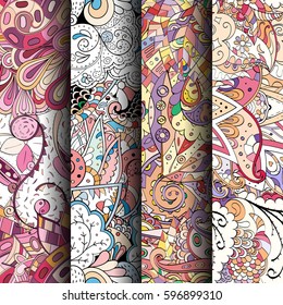 Set of tracery colorful seamless patterns. Curved doodling backgrounds for textile or printing with mehndi and ethnic motives. Vector.