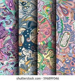 Set of tracery colorful seamless patterns. Curved doodling backgrounds for textile or printing with mehndi and ethnic motives. Vector.