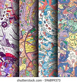 Set of tracery colorful seamless patterns. Curved doodling backgrounds for textile or printing with mehndi and ethnic motives. Vector.