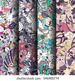 Set of tracery colorful seamless patterns. Curved doodling backgrounds for textile or printing with mehndi and ethnic motives. Vector.