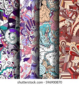 Set of tracery colorful seamless patterns. Curved doodling backgrounds for textile or printing with mehndi and ethnic motives. Vector.