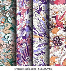 Set of tracery colorful seamless patterns. Curved doodling backgrounds for textile or printing with mehndi and ethnic motives. Vector.