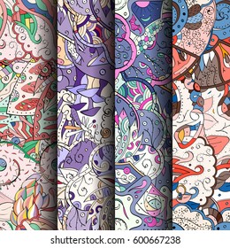 Set of tracery colorful seamless patterns. Curved doodling backgrounds for textile or printing with mehndi and ethnic motives. Vector.