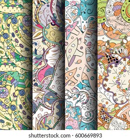Set of tracery colorful seamless patterns. Curved doodling backgrounds for textile or printing with mehndi and ethnic motives. Vector.