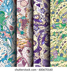 Set of tracery colorful seamless patterns. Curved doodling backgrounds for textile or printing with mehndi and ethnic motives. Vector.