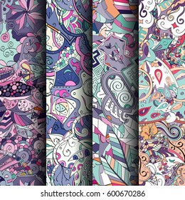 Set of tracery colorful seamless patterns. Curved doodling backgrounds for textile or printing with mehndi and ethnic motives. Vector.