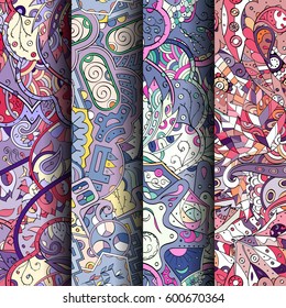 Set of tracery colorful seamless patterns. Curved doodling backgrounds for textile or printing with mehndi and ethnic motives. Vector.