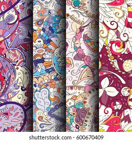 Set of tracery colorful seamless patterns. Curved doodling backgrounds for textile or printing with mehndi and ethnic motives. Vector.