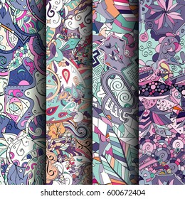 Set of tracery colorful seamless patterns. Curved doodling backgrounds for textile or printing with mehndi and ethnic motives. Vector.